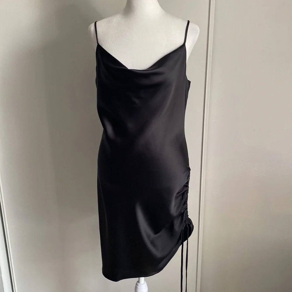 New Forever 21 Ladies Modern Little Black Satin Slip Cowl Neck Side Cinch Detail - Picture 2 of 7